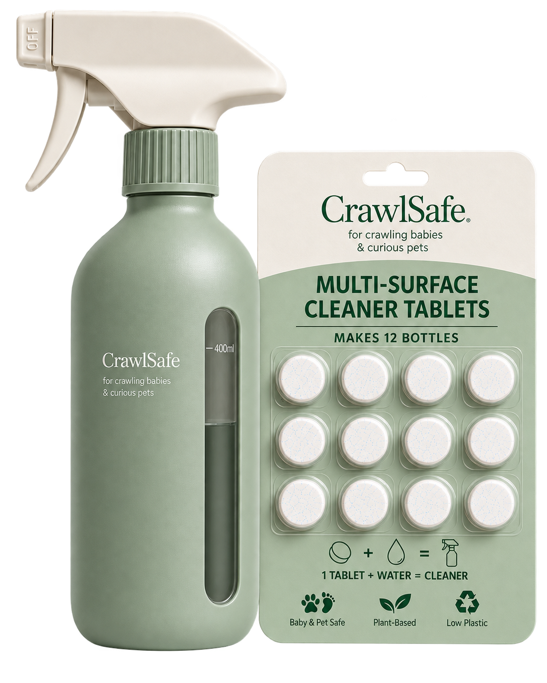 CrawlSafe Starter Kit: reusable spray bottle and 12-tablet pack